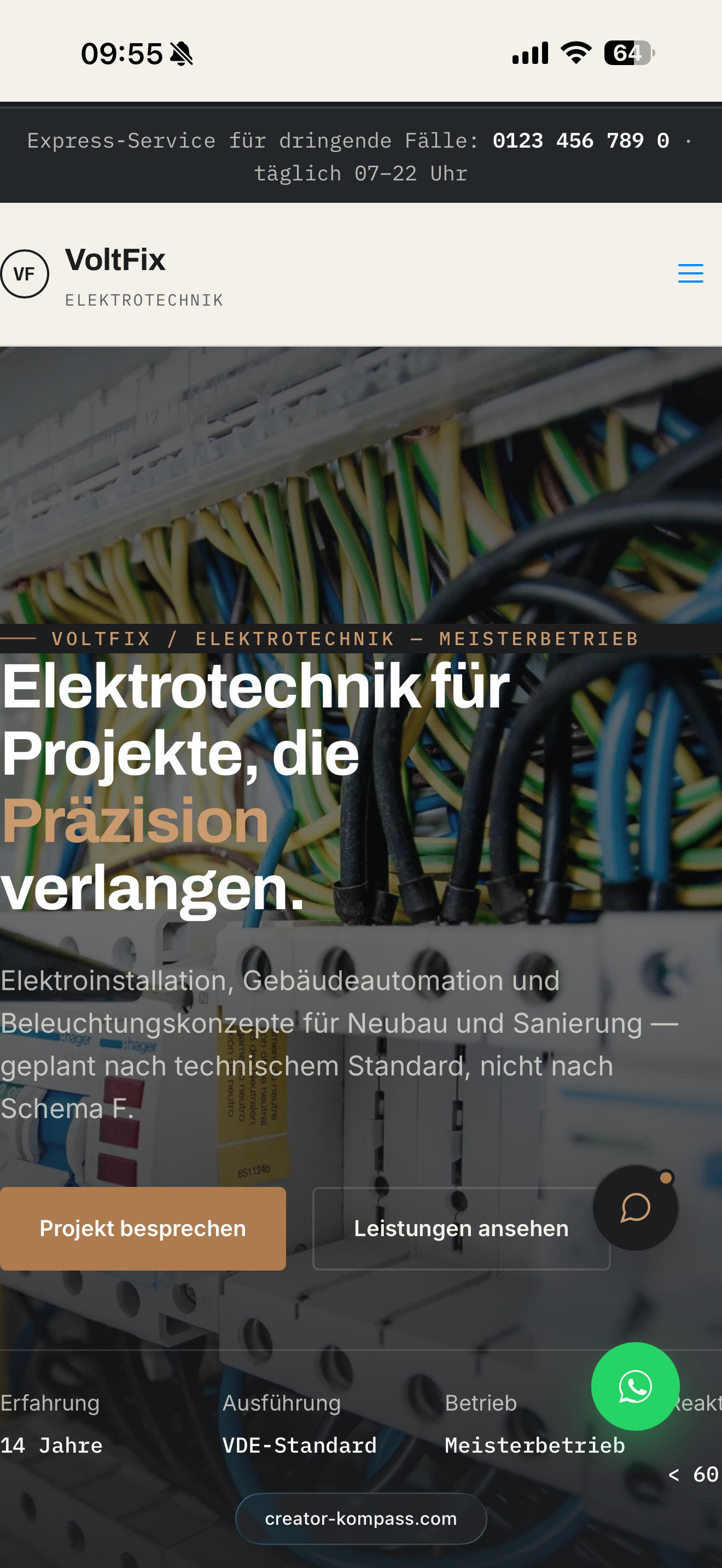 Mobile Ansicht: Beispiel-Website für einen Elektriker-Betrieb