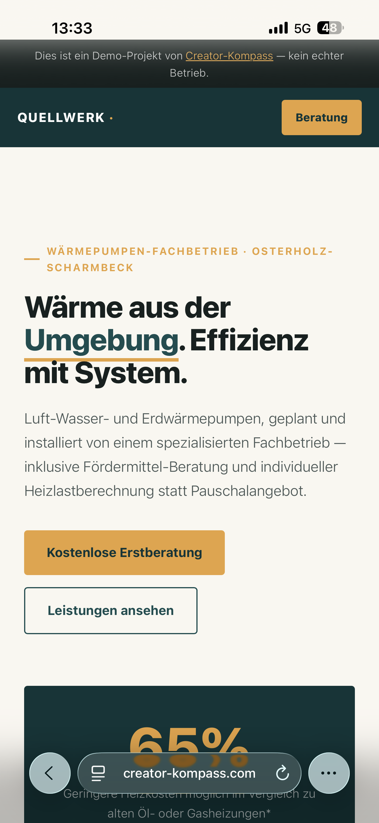 Mobile Ansicht: Beispiel-Website für einen Wärmepumpen-Fachbetrieb